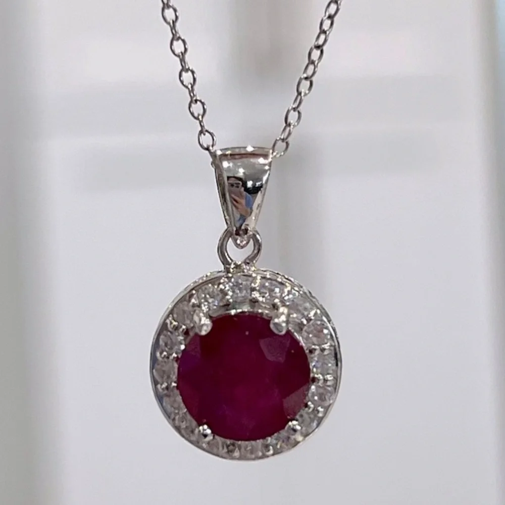 Niassa Ruby White Zircon Sterling Silver Halo Pendant Necklace - Picture 4 of 14